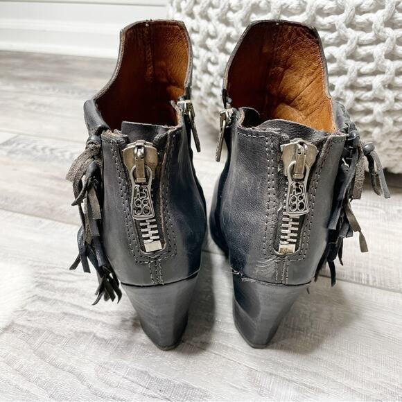 A.S. 98 Boho Leather Fringe Pointed Toe Block Heel Ankle Booties Black Size 37 - Picture 7 of 10